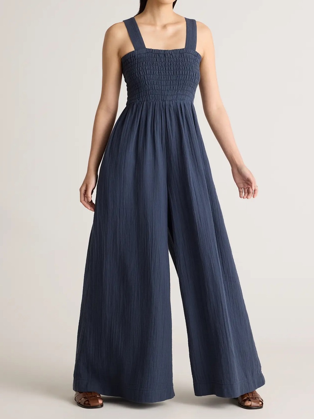Quince 100% Organic Cotton Gauze Smocked Wide Leg Jumpsuit Indigo Blue 2025-XL